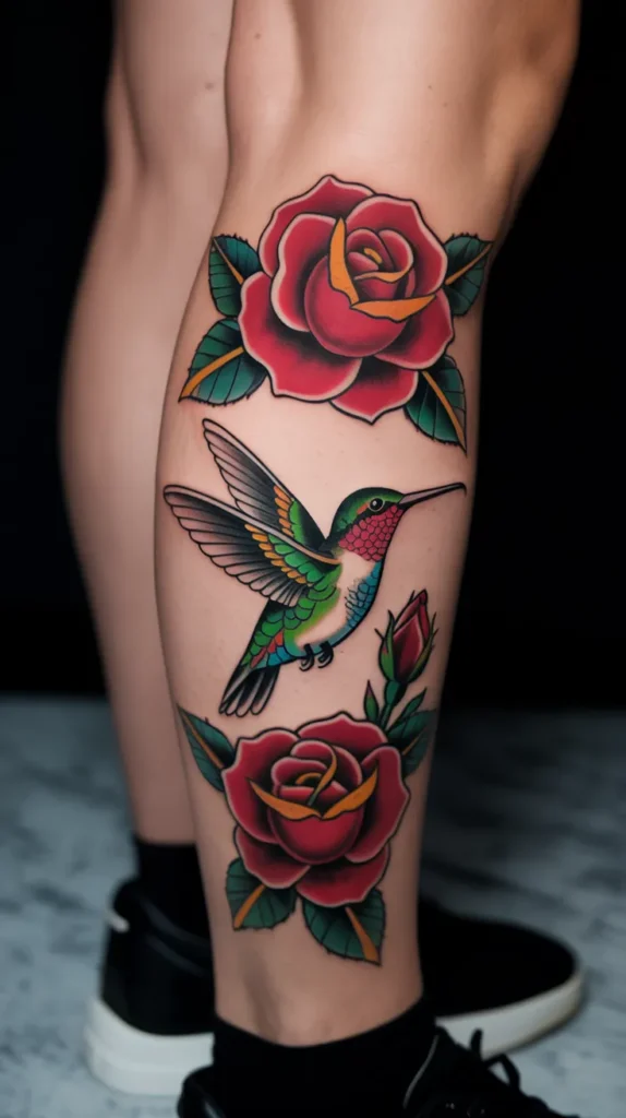 Colorful Hummingbird Tattoo With Flowers