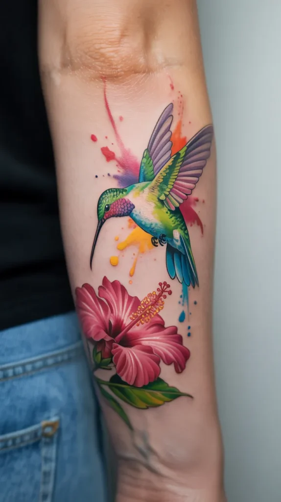 Colorful Hummingbird Tattoo With Flowers