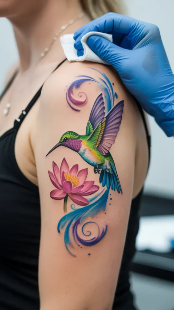 Colorful Hummingbird Tattoo With Flowers
