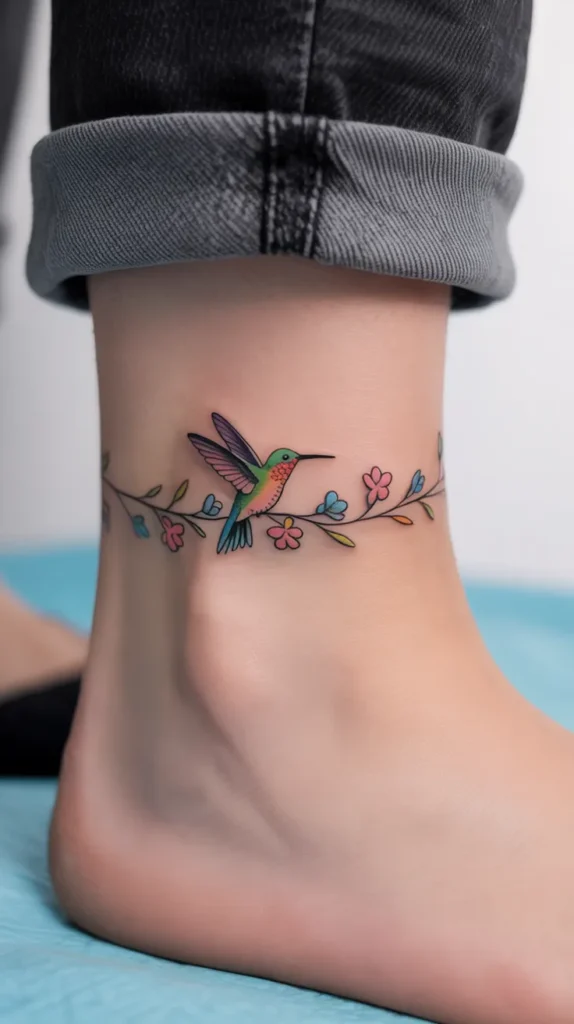 Colorful Hummingbird Tattoo With Flowers