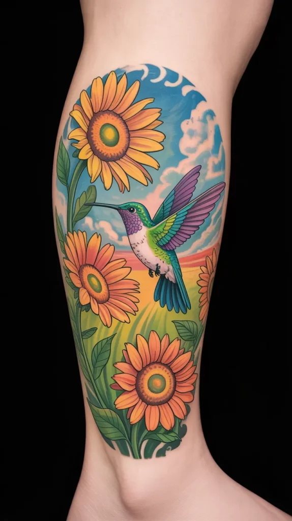 Colorful Hummingbird Tattoo With Flowers