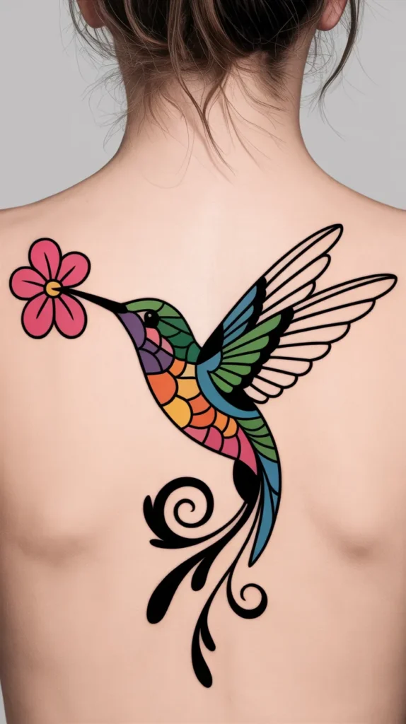 Colorful Hummingbird Tattoo With Flowers