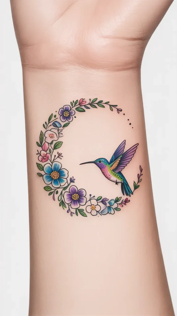 Colorful Hummingbird Tattoo With Flowers