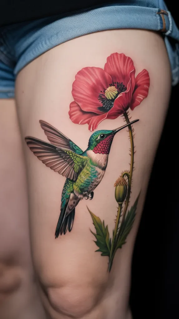 Colorful Hummingbird Tattoo With Flowers