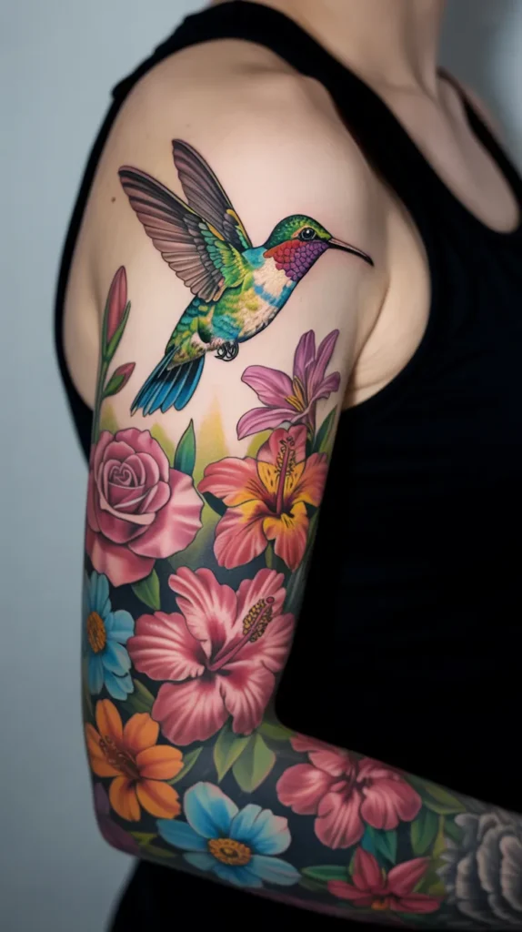 Colorful Hummingbird Tattoo With Flowers