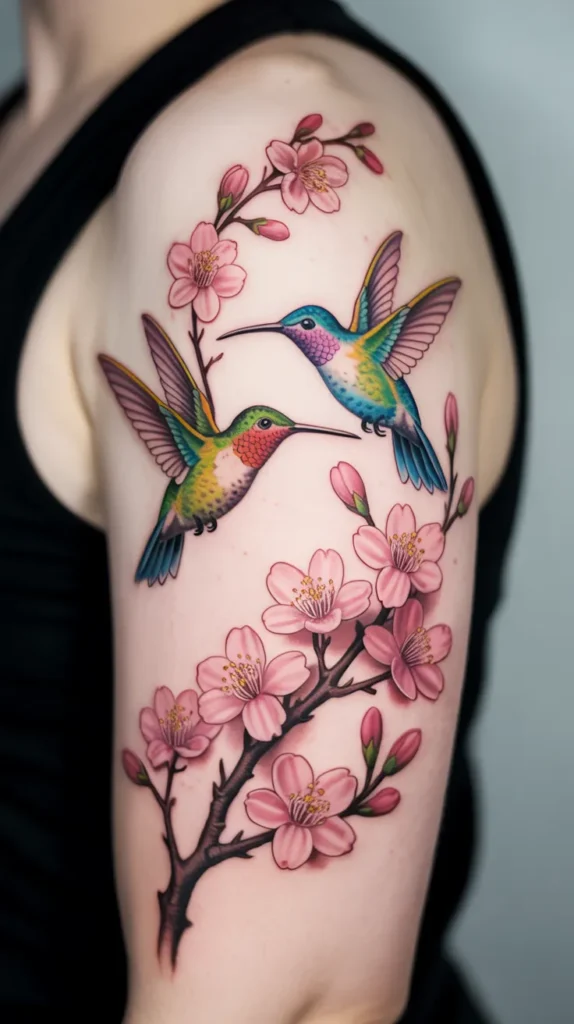 Colorful Hummingbird Tattoo With Flowers