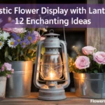 rustic flower display with lantern
