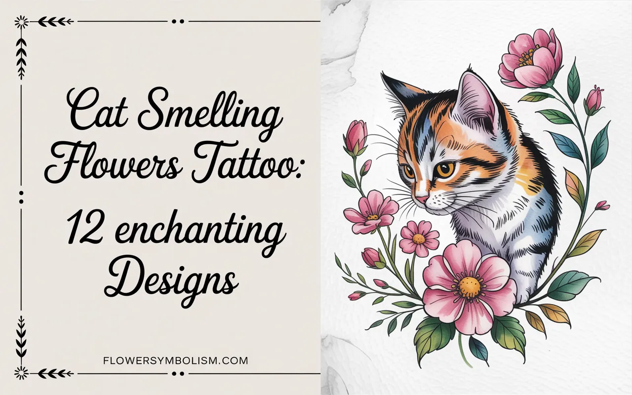 cat smelling flowers tattoo