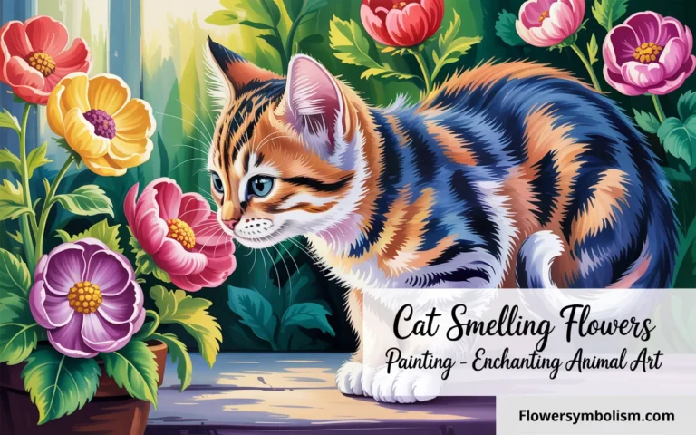 cat smelling flowers painting
