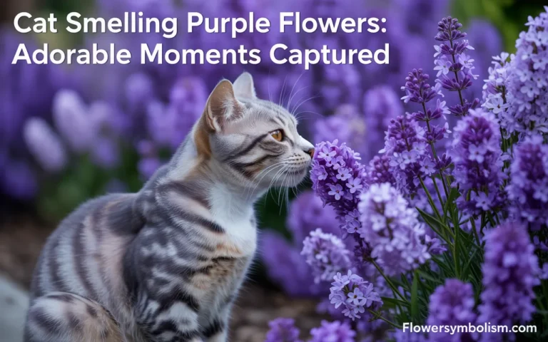 cat smelling purple flowers