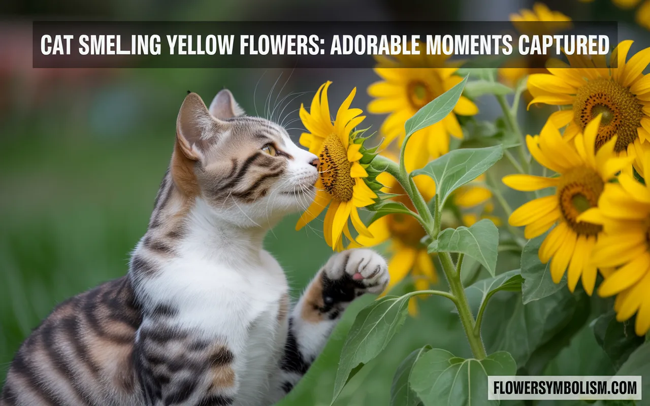 cat smelling yellow flowers