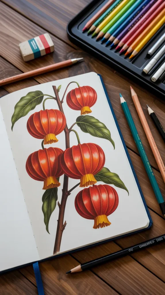 Chinese Lantern Flower Drawing Easy: 10 Beautiful Steps